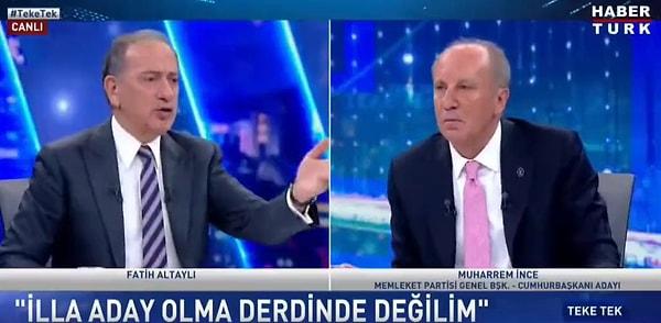 Muharrem İnce o programda Fatih Altaylı'nın "Erdoğan %40 aldı, Kılıçdaroğlu %37 aldı, siz de %23 aldınız, ikinci tura onlar kalıyor sonuçta" sözlerine karşılık "Bakarsın çekilirler, üçüncü ile birinci yarışır" dedi.