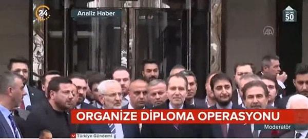 24 TV'de bu 2 gelişmeyi birleştirerek Cumhurbaşkanı Erdoğan'a karşı organize bir diploma operasyonu yapıldığını iddia ediyordu ki Fatih Erbakan'ın Cumhur İttifakı'na katıldığı haberi geldi.