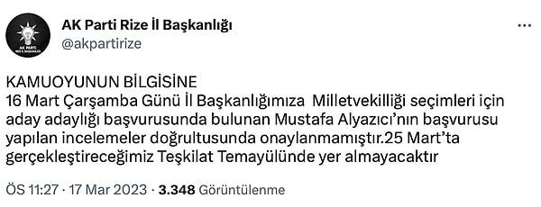 AK Parti Rize İl Başkanlığı kamuoyunda oluşan tepkilerin ardından Mustafa Alyazıcı'nın adaylığının onaylanmadığı açıkladı.