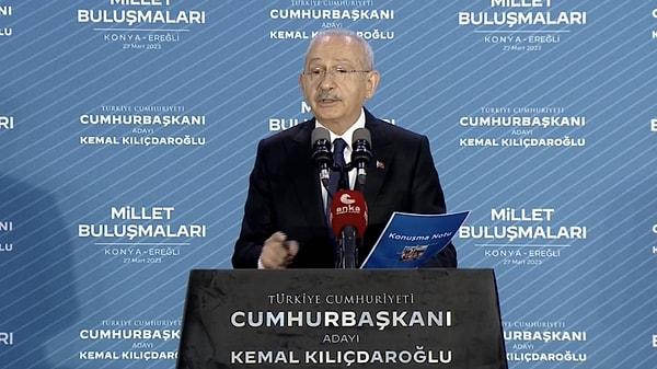 Kılıçdaroğlu, ‘Millet Buluşmaları’ kapsamında Konya Ereğli’de konuştu. Kılıçdaroğlu adaylığının kesinleşmesi durumunda tüm Türkiye'nin mal varlığını göreceğini söyledi.