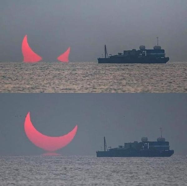 7. Gün doğumu sırasında yaşanan kısmi güneş tutulması sırasında Katar'da gözüken "Şeytan Boynuzları" 👇