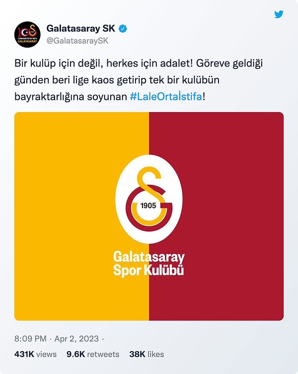 Sarı-kırmızılı kulübün Twitter hesabından yapılan paylaşımda, "Bir kulüp için değil, herkes için adalet! Göreve geldiği günden beri lige kaos getirip tek bir kulübün bayraktarlığına soyunan Lale Orta istifa" denildi.