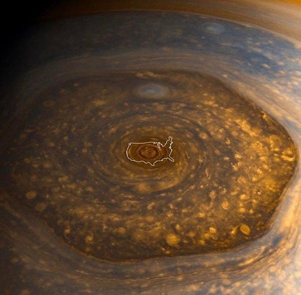 7. Satürn'deki "altıgen" fırtınasının ne kadar büyük olduğunu gösteren kare👇