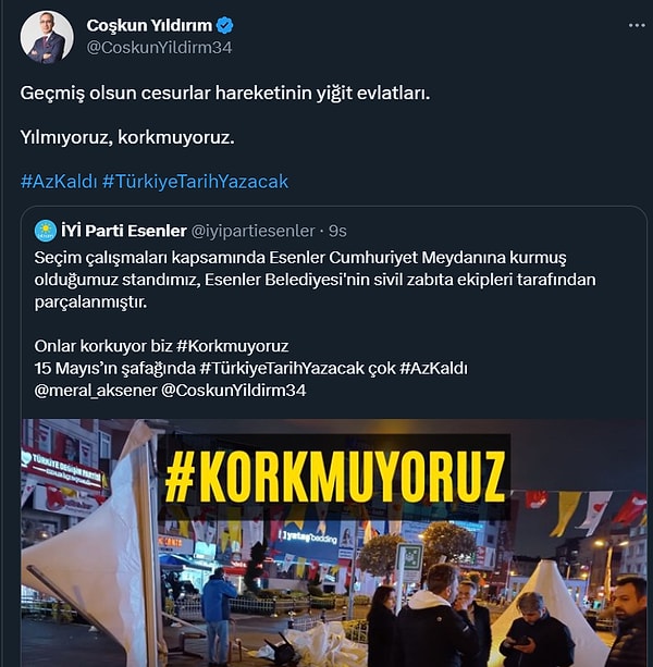 İYİ Parti İstanbul İl Başkanı Coşkun Yıldırım’ın paylaşımı 👇