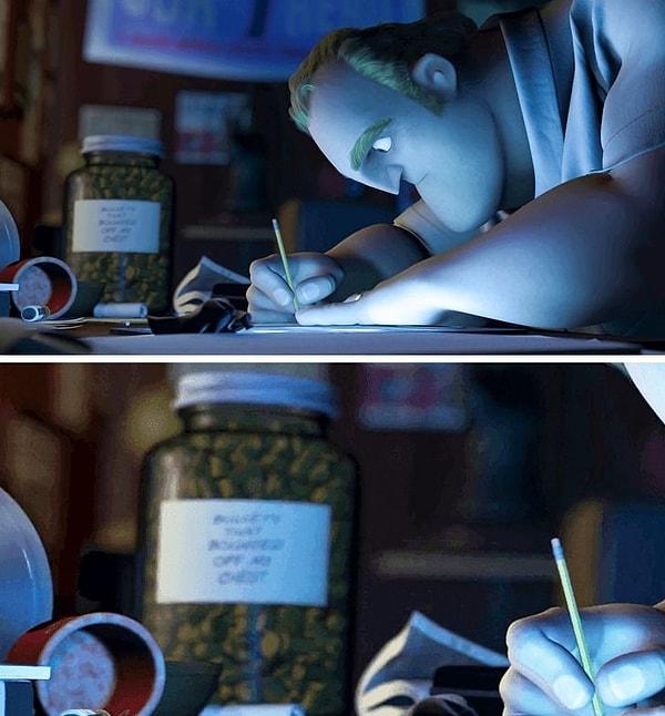 1. The Incredibles (2004) filmindeki Incredible karakterinin masasında göğsünden sıçrayan mermileri koyduğu bir kavanoz var.