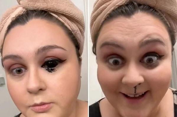 TikTok'ta 5.8 milyon izlenerek viral olan videoda Holly isimli kadın makyaj yaparken eyeliner sürmek istedi ancak başına korkunç bir olay geldi.