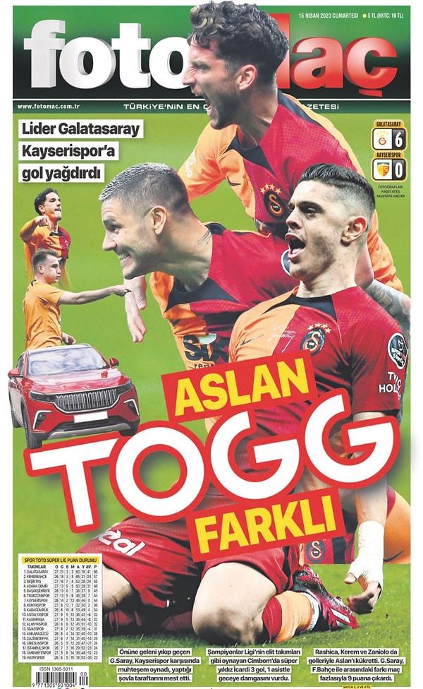 Galatasaray'ın bu galibiyetini manşetine taşıyan Fotomaç'ın "Aslan TOGG farklı" kelime oyunu gündem oldu.