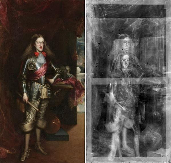 9. Carreño de Miranda'nın 1681 tarihli İspanya Kralı 2. Charles portresinin röntgen taramaları, Kral'ın çok daha gençken yapılmış bir portresinin üzerine resim yapıldığını ortaya koydu.