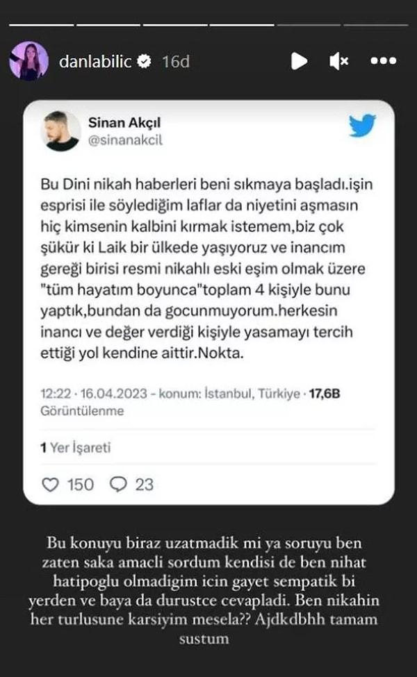 Danla Bilic ise programına konuk olan Akçıl'ın açıklamasını Instagram'dan yayınlayarak konuya dair paylaşımda bulundu.