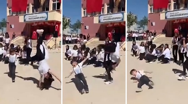 Bir ortaokulda, gösteri sırasında takla atan bir kız gösteri alanından geçen bir çocuğa çarptı.