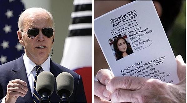 ABD Başkanı Joe Biden'ın, Güney Kore Devlet Başkanı Yoon Suk Yeol ile katıldığı ortak basın toplantısında elinde gazetecinin soracağı sorunun da yer aldığı "kopya kağıdı" görüldü.