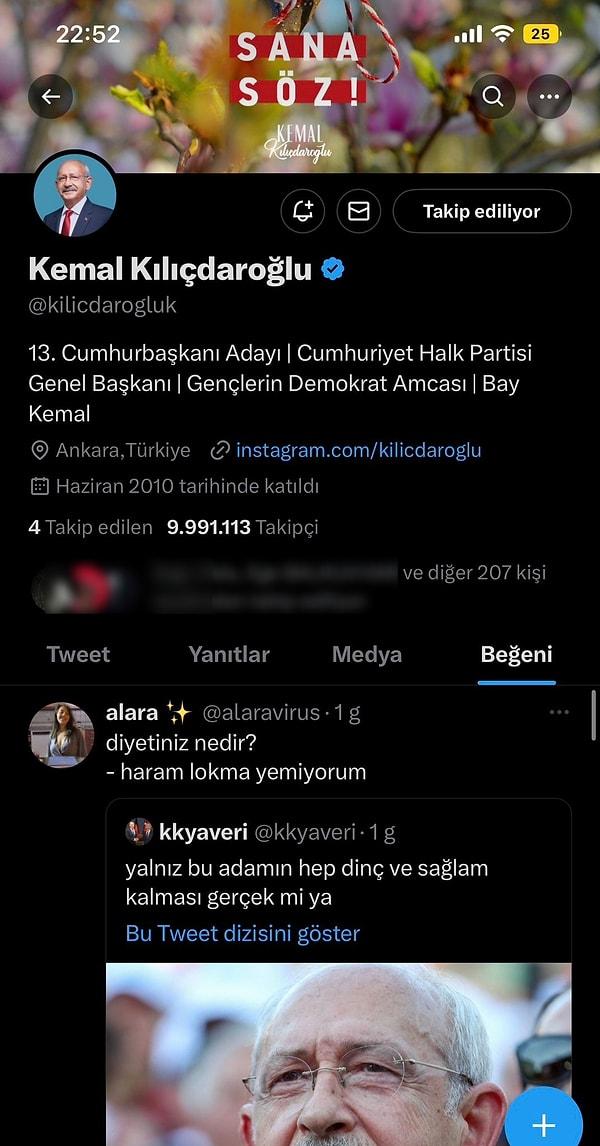 Beğeninin gerçek olup olmadığı Kılıçdaroğlu'nun profiline girince gayet net görülüyor; son beğeni bu tweet.