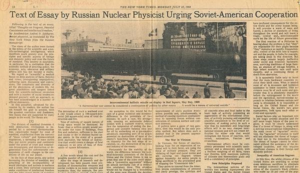 1957 yılında nükleer testlerin durdurulması çağrısında bulunduğu bir makale yazdı ama SSCB hükümeti makaleye pek aldırış etmedi. Ta ki o makale 1968 yılında ülke dışına kaçırılıp New York Times gazetesinde yayımlanana dek.