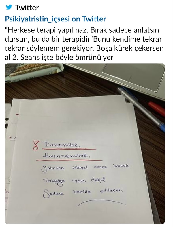 “Herkese terapi yapılmaz." diyen psikoloğun bu tweeti hastanın gizliliğini korumaması ve işini etik kurallara uygun olarak yapmadığından tepki topladı.