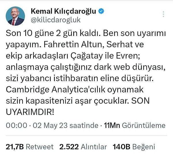 14 Mayıs seçimlerine 12 gün gibi kısa bir süre kaldı. 13. Cumhurbaşkanı Adayı Kemal Kılıçdaroğlu da Twitter’da Cumhurbaşkanlığı İletişim Başkanı Fahrettin Altun’u attığı bir tweet ile uyardı: