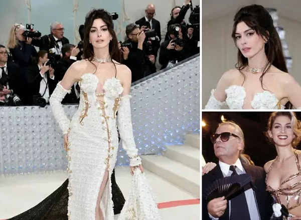 13. Энн Хэтэуэй — хороший пример того, как Versace объединил свои образы с Карлом. Заколка в виде цветка камелии в ее волосах — винтаж из 90-х. Ожерелье с монетами Bulgari отсылает к популярным аксессуарам Chanel в виде монет 80-х годов. Общий эффект — ода супермоделям 90-х