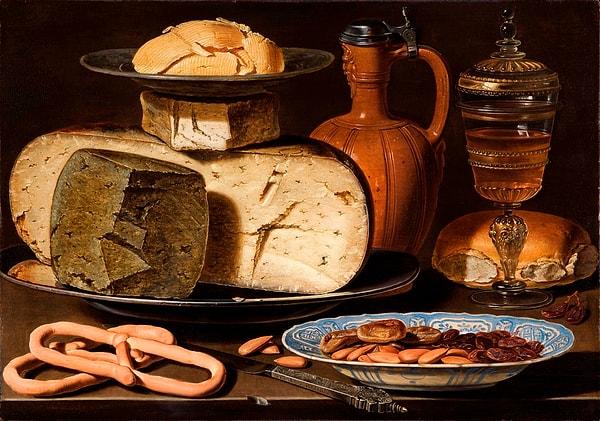 15. Clara Peeters- "Still Life with Cheeses, Almonds, and Pretzels(1615)"