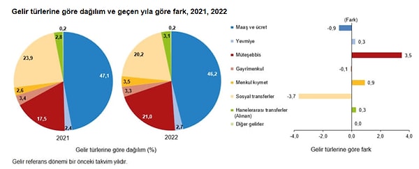 Toplam gelirden en yüksek payı her zamanki gibi "maaş ve ücret geliri" alsa da geçen yıl yüzde 47,1 olan pay bu yıl yüzde 46,2'ye geriledi.