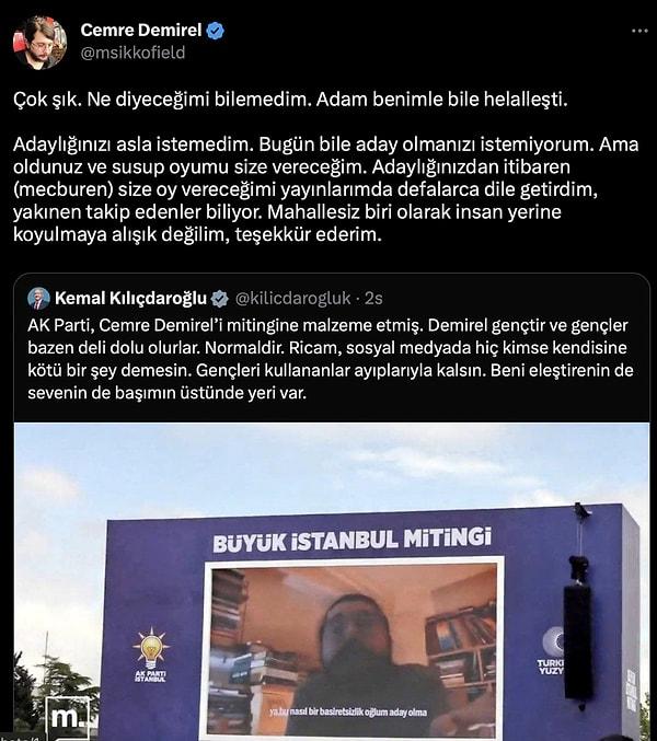 Demirel, Kılıçdaroğlu'nun paylaşımının ardından tepkisiz kalmadı. Ünlü fenomen ''Çok şık. Ne diyeceğimi bilemedim. Adam benimle bile helalleşti.'' dedi.