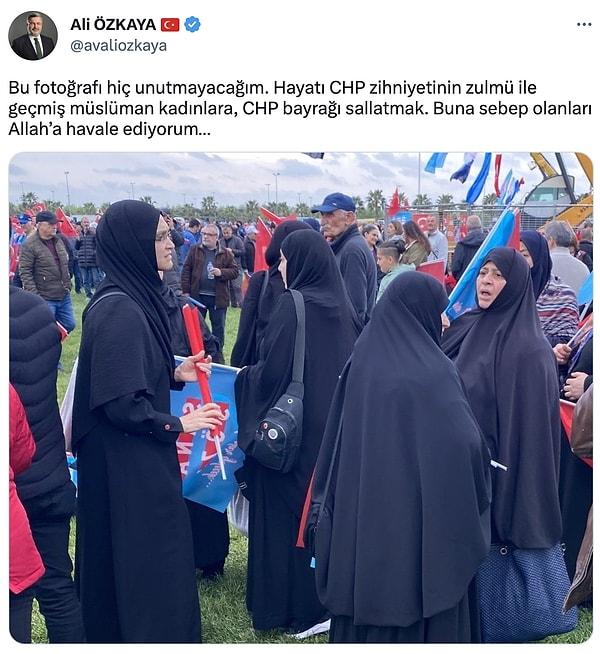 Özkaya 'Bu fotoğrafı hiç unutmayacağım' diyerek tweetinde 'Hayatı CHP zihniyetinin zulmü ile geçmiş müslüman kadınlara, CHP bayrağı sallatmak. Buna sebep olanları Allah’a havale ediyorum' ifadelerine yer verdi.👇