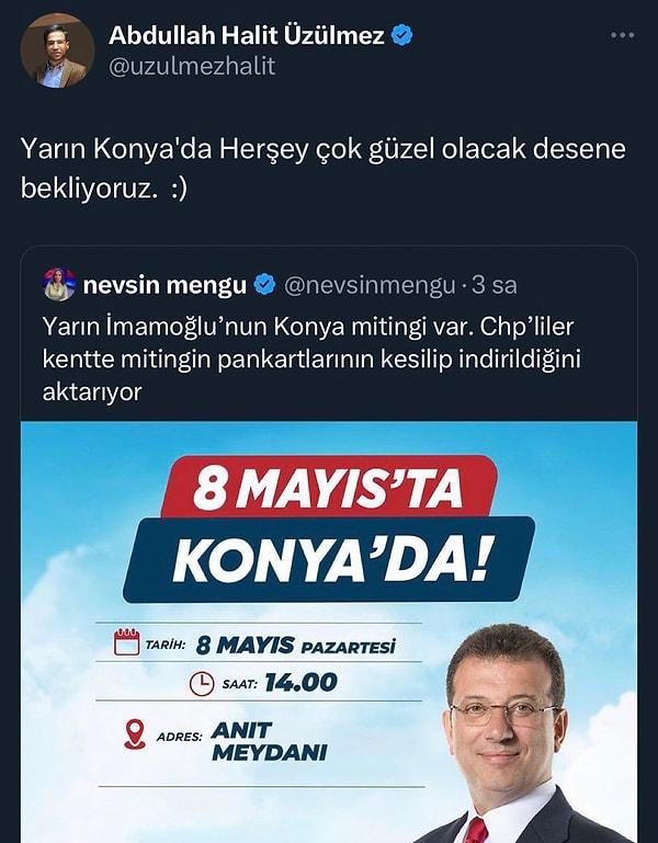 Kızılay Konya Şube Başkanı ve AK Parti Konya Eski Milletvekili Hüseyin Üzülmez'in oğlu Kızılay Gençlik Kolları Başkan Yardımcısı Abdullah Halit Üzülmez de Ekrem İmamoğlu'nu tehdit etti.