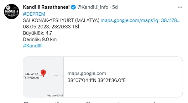 Kandilli Rasathanesi'nden ise yine saat 23:20'de Malatya Yeşilyurt'ta 4,7 büyüklüğünde 9 km derinliğinde bir deprem olduğu duyuruldu.