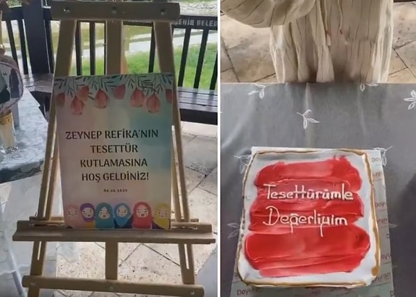 'Zeynep Refika'nın tesettür kutlamasına hoş geldiniz' yazısıyla başlayan görüntüler 'Tesettür pembeyi mora uydurmak değil, takvayı bedene giydirmenin adıdır' yazısıyla devam ediyor.