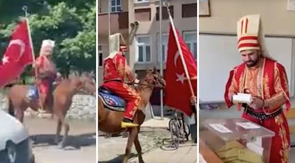 Düzce'de yaşayan muay thai milli sporcusu Muhammet Bişgin, oy kullanacağı Beyciler Mahallesi'ndeki okula yeniçeri kıyafetiyle, at üzerinde gitti.