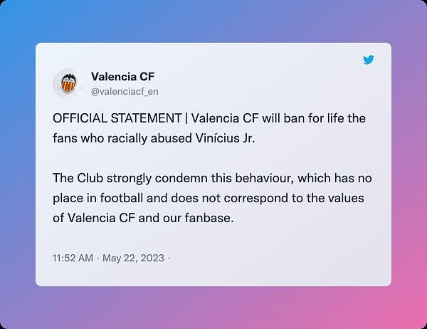 Valencia, Vinicius Junior'a ırkçı tezahürat yapan taraftarını ömür boyu stadyumdan men ettiğini açıkladı.