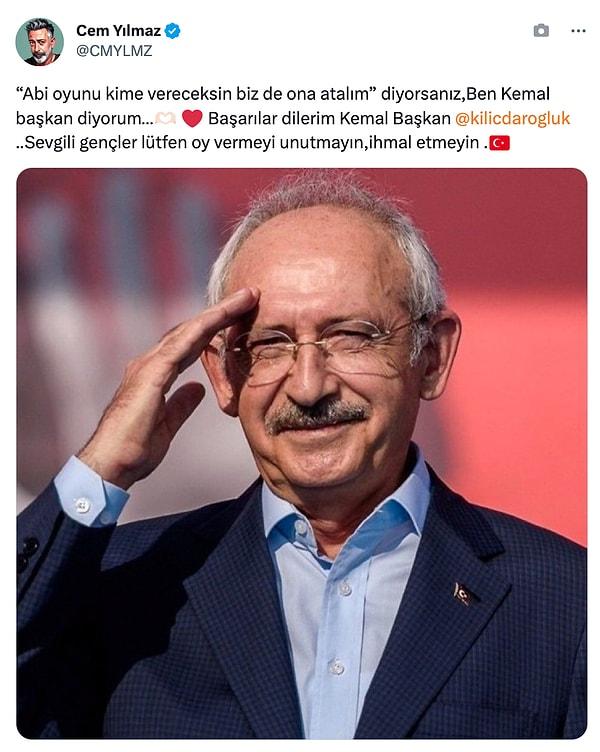 12 Mayıs günü Twitter hesabından paylaştığı bu mesajla "Kemal Başkan" diyerek Kılıçdaroğlu'na oy vereceğini duyurmuştu.