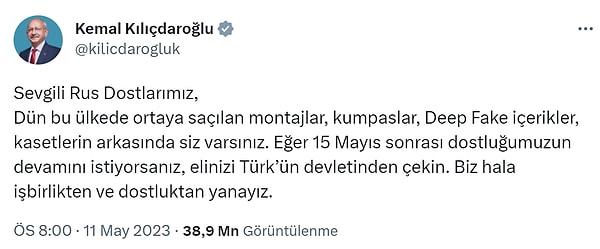 14 Mayıs seçimleri öncesinde Cumhurbaşkanı adayı Kemal Kılıçdaroğlu da Rusya'ya "teknoloji" olarak yüklense de "deep"te mali desteklerin de bulunduğu düşünülmüştü.