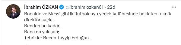 İşte İbrahim Özkan'ın tweeti: