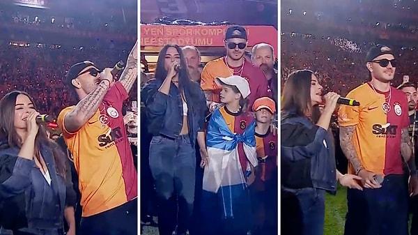 Simge Sağın ve iki kızıyla sahneye çıkan Mauro Icardi, Galatasaraylı taraftarları coşturacak bir performansa imza attı.