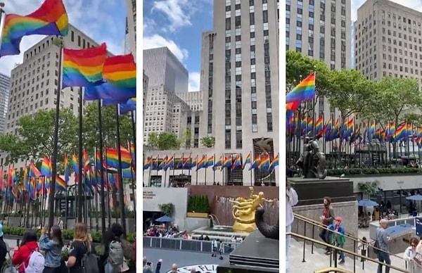 New York'ta bulunan, dünyanın en zengin ailelerinden biri Rockefeller'a ait iş merkezinin çevresinde yer alan 193 ülkenin bayrağı indirildi. Tüm direklere LGBT bayrakları asıldı.