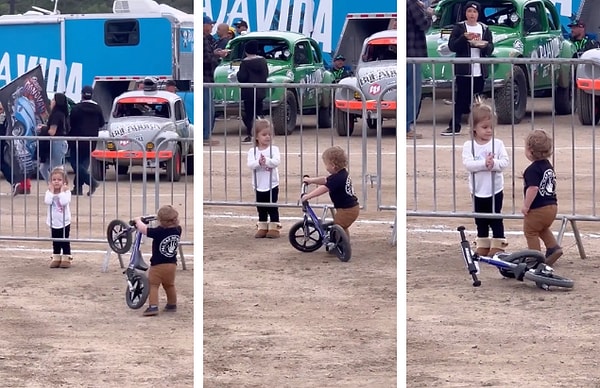 Küçük kızı beğenen bebeğin, kızın dikkatini çekmek için bisikletini kaldırdığı anlar "Erkekler her yaşta aynı!" dedirtti.