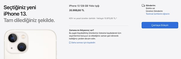 iPhone 13 128 GB'ın fiyatı apple.com'da 35.999 TL.