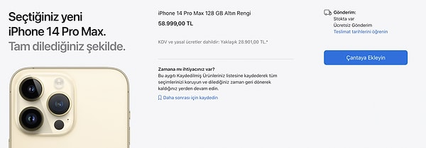 iPhone 14 Pro Max 128 GB'ın apple.com'daki fiyatı 58.999 TL.