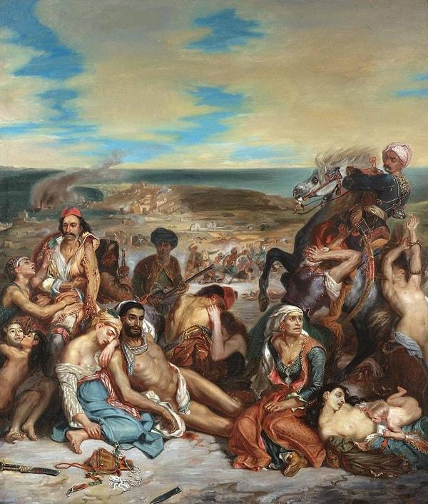 1824 yılında Salon'da sergilenen “Sakız Adası Katliamı” adlı eseri, Yunanistan'ın Osmanlı İmparatorluğu'na karşı yürüttüğü savaşı konu alır.