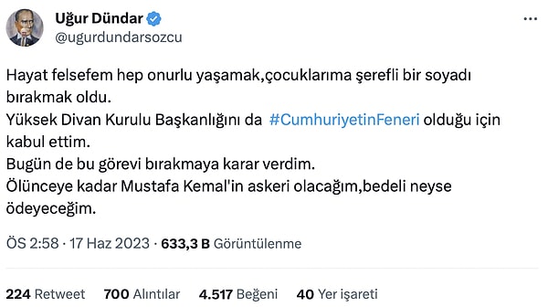 Yüksek Divan Kurulu üyeleri ve kulüp üyeleri katıldığı mali toplantıdan sonra Twitter'dan açıklamalarda bulunan Dündar şunları da söyledi: