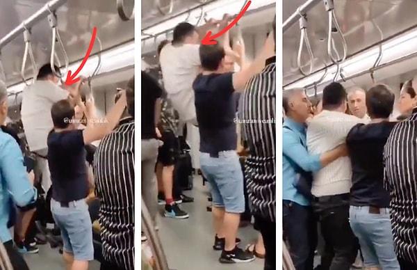 Metroda oturan vatandaşa "Telefonunu ver" diye bağıran ve üstüne yürüyen adam bir anda kontrolünü kaybetti ve ninja kamplumbağa hareketiyle saldırıya geçti.