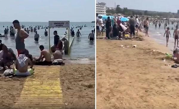 Adım atacak yerin olmadığı plajda yüzlerce kişi bulunurken o kişilerin tamamının yabancı uyruklu olduğu iddia edildi.