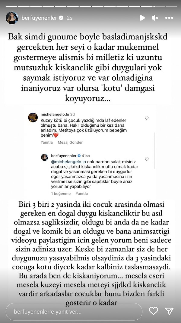 Berfu Yenenler ardından Kuzey'e yönelik bu hadsiz yorumu Instagram hikâyesinde paylaşarak duruma tepki gösterdi...