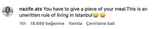 7. "Yemeğinin bir parçasını vermelisin. Bu İstanbul'da yaşamanın yazılı olmayan bir kuralıdır😀😀"
