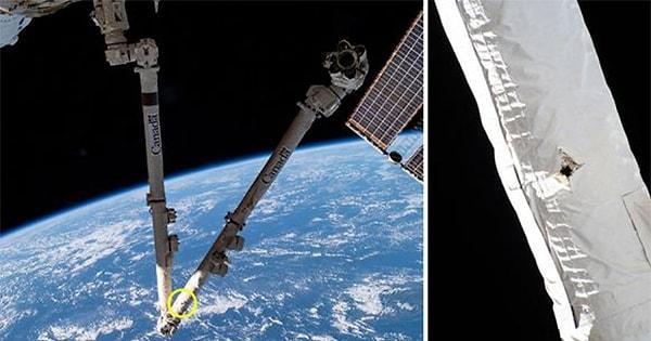 Mayıs 2021'de, küçük bir enkaz parçası ISS'deki Canadarm2'ye çarptı ve küçük bir delik açtı.