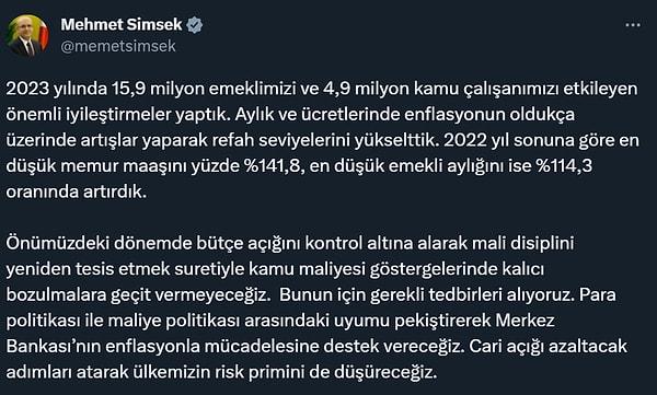 Bakan Mehmet Şimşek de zamlarla ilgili açıklama yaptı.