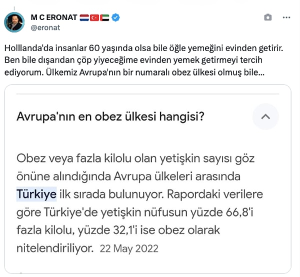 "Holllanda'da insanlar 60 yaşında olsa bile öğle yemeğini evinden getirir. Ben bile dışarıdan çöp yiyeceğime evinden yemek getirmeyi tercih ediyorum. Ülkemiz Avrupa'nın bir numaralı obez ülkesi olmuş bile..."