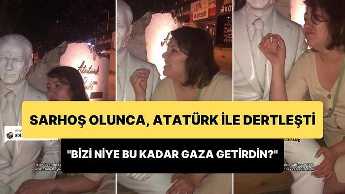 Sarhoş Olunca Atatürk Heykeli ile Dertleşen Kadın: 'Türk Milleti Çalışkan Değil, Tembel'