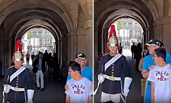 Poz verdiği sırada babası tarafından 'Çok yaklaşma' denilerek uyarılan gence yaklaşarak fotoğraf çektiren muhafızın o hareketi büyük taktir topladı.