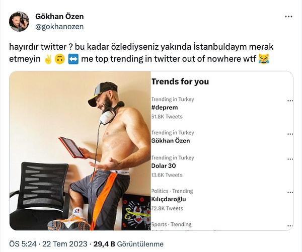 Son hali merak edilen ve değişimiyle dikkat çeken Gökhan Özen, geçtiğimiz gün Twitter'da gündem oldu. Bu durum üstüne sessiz kalmayan sanatçı, "hayırdır twitter ?" diyerek sevenlerine seslendi.