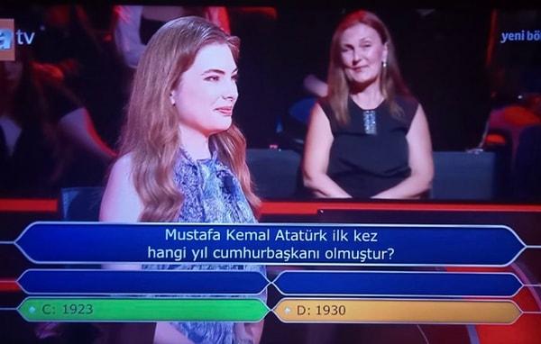 Kim Milyoner Olmak İster'e katılan Aslı Çisem Sabuncuoğlu, Atatürk'ün hangi yıl cumhurbaşkanı olduğunun sorulduğu dördüncü soruya, yarı yarıya joker hakkını kullanmasına rağmen yanlış cevap verdi.